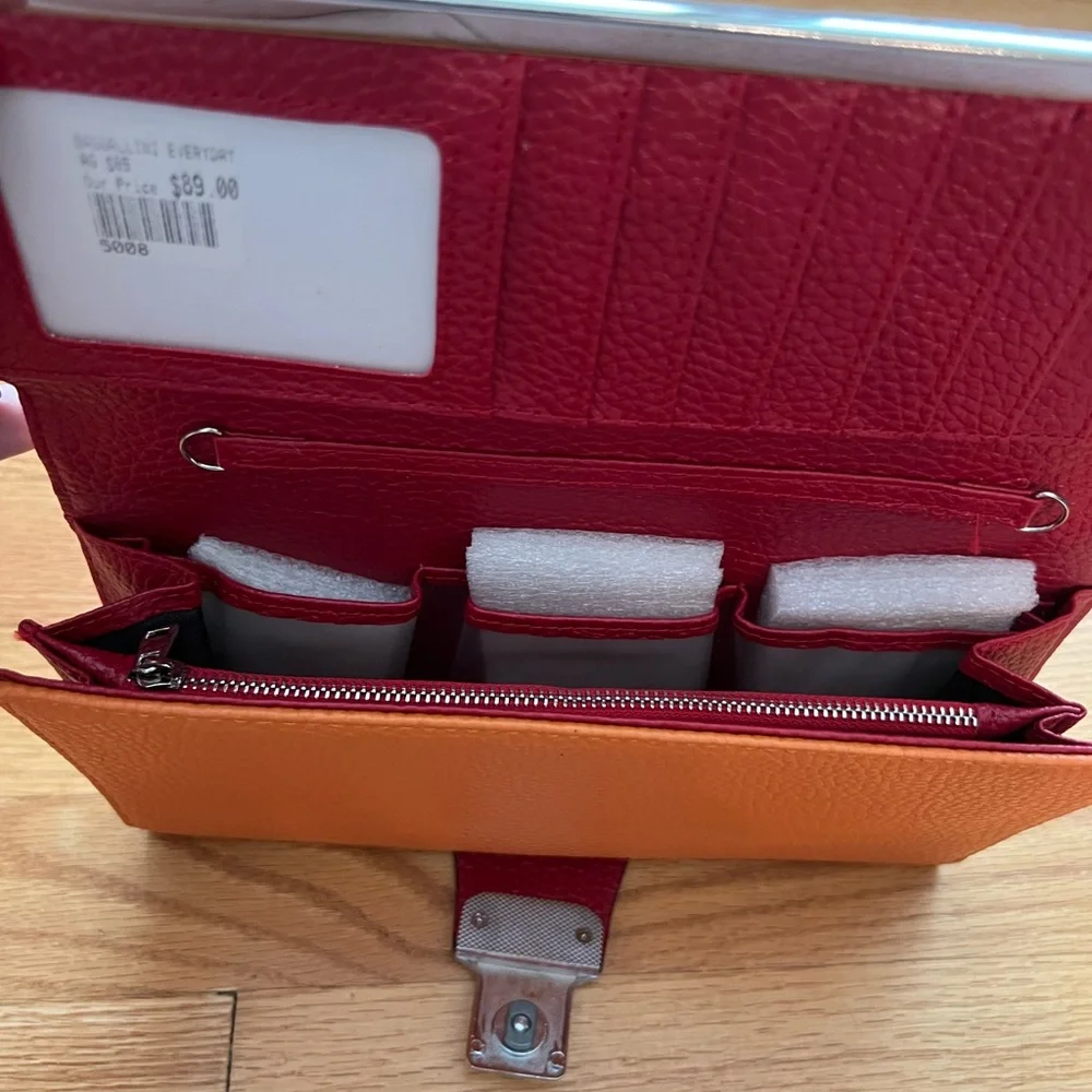 Orange and Red Leather Clutch with Silver Accent